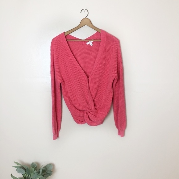 [BP.] Small Pink Knit Knotted Front Deep V-Neck Sweater - Picture 1 of 8